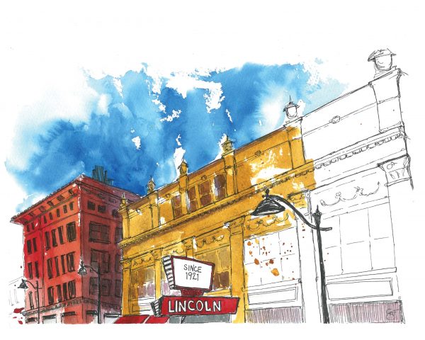 Watercolor painting of the Lincoln Theater buidling in Belleville, IL