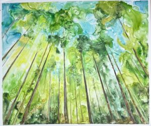 In the Forest $275 Watercolor on Yupo. View of forest from the group looking up