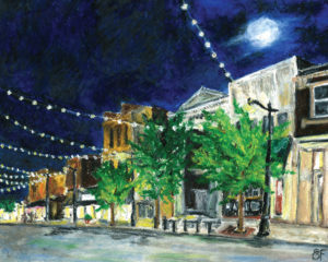 Main St at Night *SOLD* oil pastel on paper, view of Belleville Main st at night with string lights and full moon